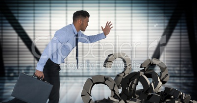 Broken concrete stone with Question symbol and businessman in cityscape