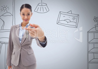Woman Holding keys with home drawings in front of vignette