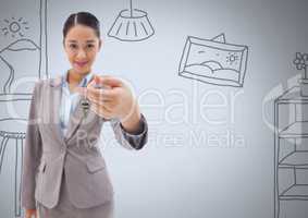 Woman Holding keys with home drawings in front of vignette