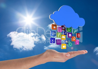 hand with cloud with application icons over in the sky
