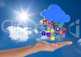 hand with cloud with application icons over in the sky