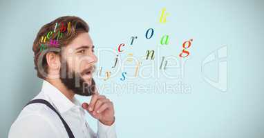 hipster speaking with colour letters coming up from mouth