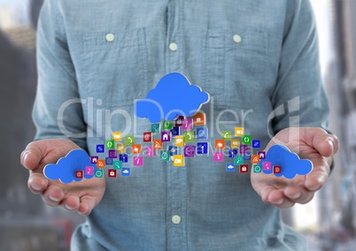 hands with phone with application icons and cloud in each hand and other one in the middle panel ove
