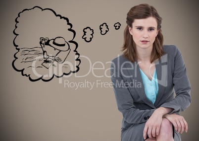 Business woman sitting and dreaming of holiday against brown background