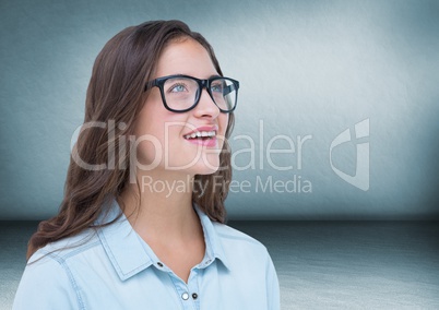 Close up of millennial woman with blue room