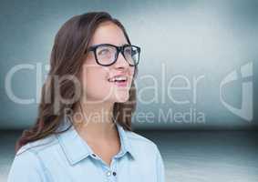 Close up of millennial woman with blue room