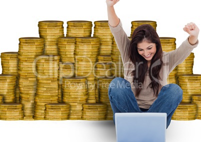 texting money. Young woman with laptop in front of money.