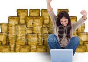 texting money. Young woman with laptop in front of money.