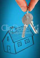 Hand Holding key with house home drawing in front of vignette