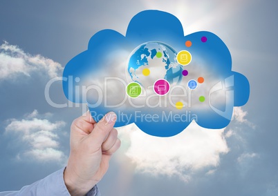 hand with cloud and application icons on it in the sky
