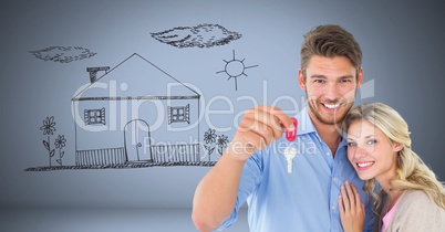 Couple Holding key with house home drawing in front of vignette