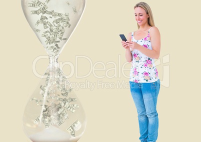 texting money. Woman with phone, hourglass with money near