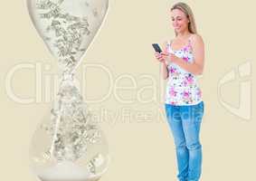 texting money. Woman with phone, hourglass with money near
