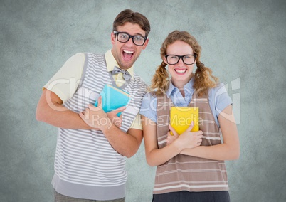 Nerd couple against light grey background with grunge overlay