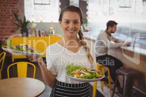 Portrait of waitress holding plates with salad while businessman using laptop