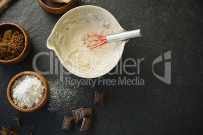 Directly above shot of batter in bowl by ingredients