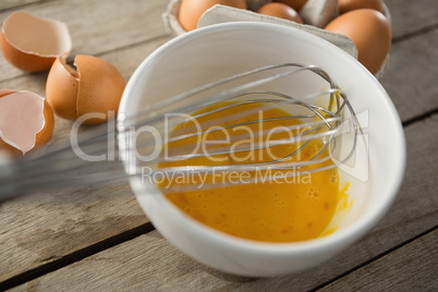 Close up of egg in bowl with wire whisk by eggshells