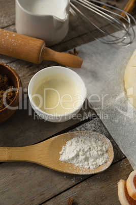 Close up of ingredients by kneaded dough