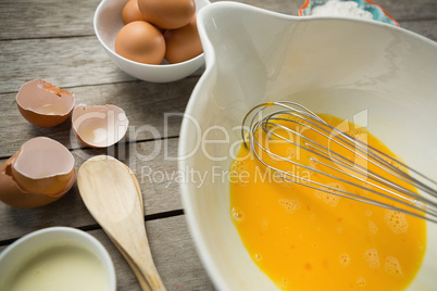 High angle view of egg yolk in container