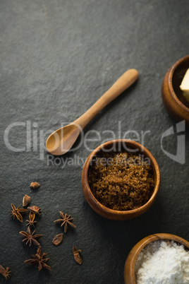 High angle view of grounded food in bowl by spice