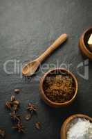 High angle view of grounded food in bowl by spice