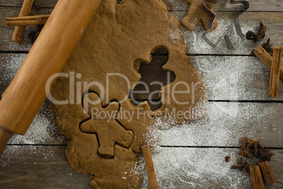 Directly above shot of dough with rolling pin