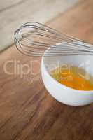 High angle view of egg in bowl with wire whisk