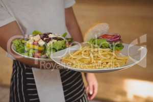 Mid section of waiter holding plates with French fries and salad
