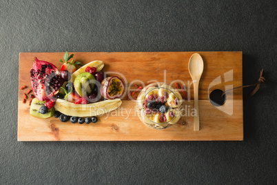 Various fruits on chopping board