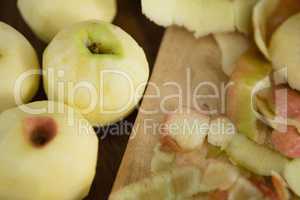 High angle view of apples by peels
