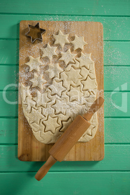 Overhead view of star shape cookies on cutting board