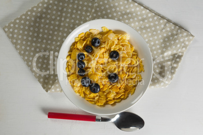 Wheaties cereal and blueberry in bowl with table cloth and spoon