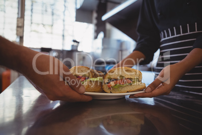 Mid section of waitress giving plate with sandwiches to coworker