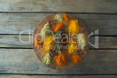 Various type of spices in plate on board