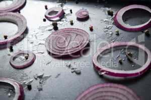 Close-up of onions in tray