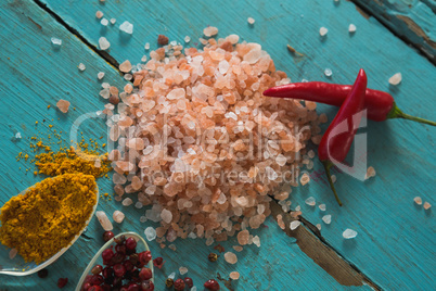 Various spices on wooden table