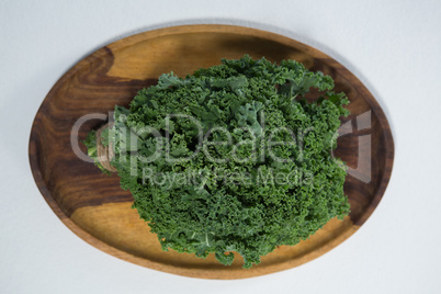 Overhead view of fresh kale in wooden plate