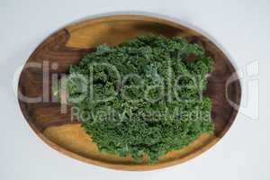 Overhead view of fresh kale in wooden plate