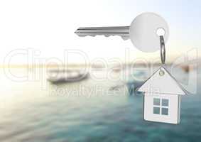 3D House Key floating over sea