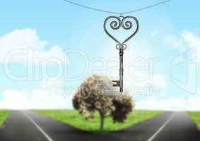 3D Heart Key floating over parting road