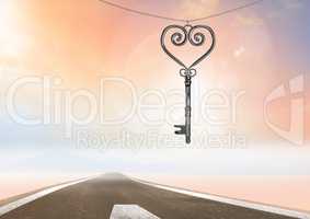 3D Heart Key floating over road
