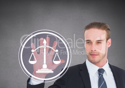 businessman touching at justice icon businessman touching at justice icon