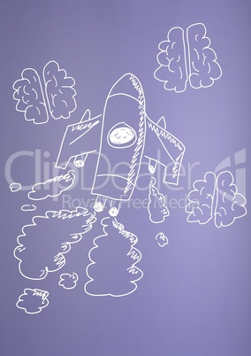hand-drawn rocket and brains on purple background