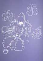 hand-drawn rocket and brains on purple background