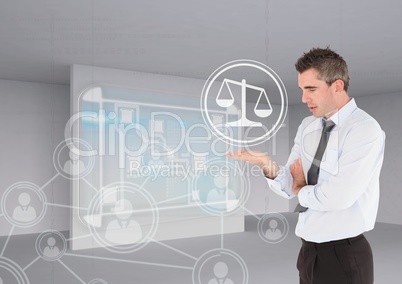 businessman holding justice icon