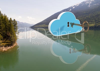 3D Key opening cloud floating over mountain lake