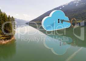 3D Key opening cloud floating over mountain lake