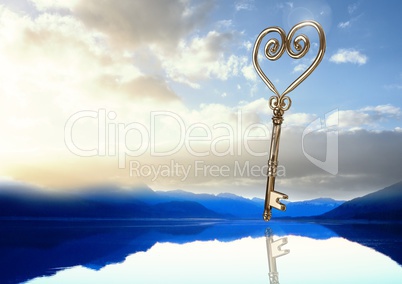 3D Heart Key floating over lake