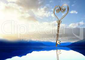 3D Heart Key floating over lake