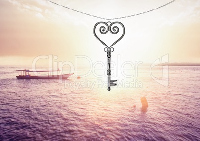 3D Heart Key floating over sea sunset